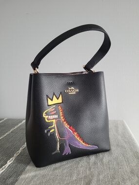 Coach Black Pebbled Leather Tote with Dino Crown Graphic